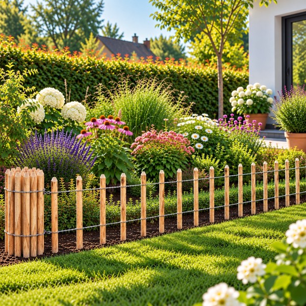 Sommerlicher Garten mit Blumenbeet und Staketenzaun 60 cm
