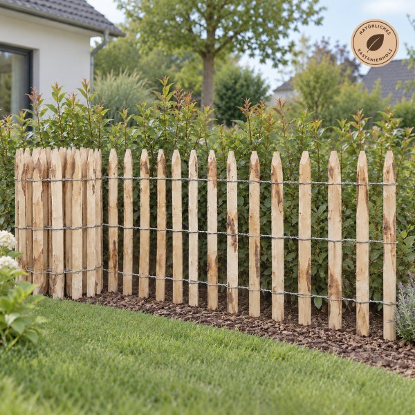 Rustikaler Staketenzaun 70 cm vor grüner Hecke
