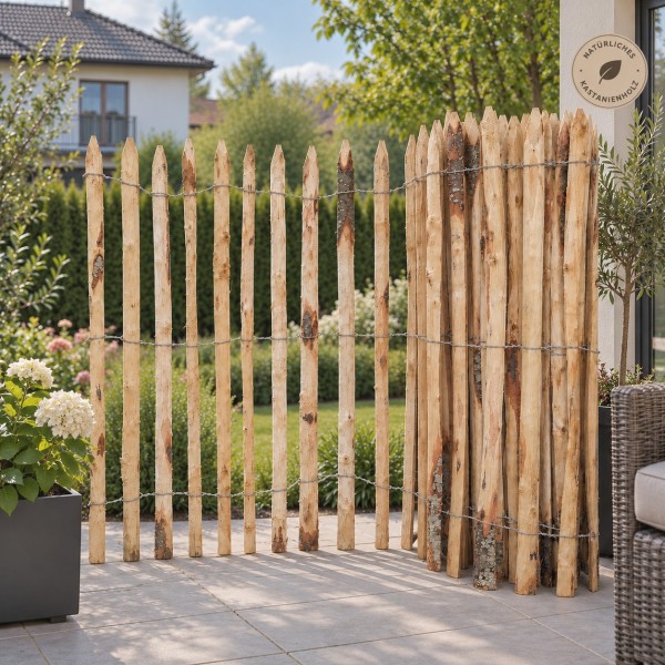 Rustikaler Staketenzaun 130 cm auf sonniger Terrasse